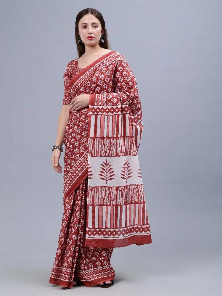 Maroon White Printed Malmal Cotton Saree-2.webp